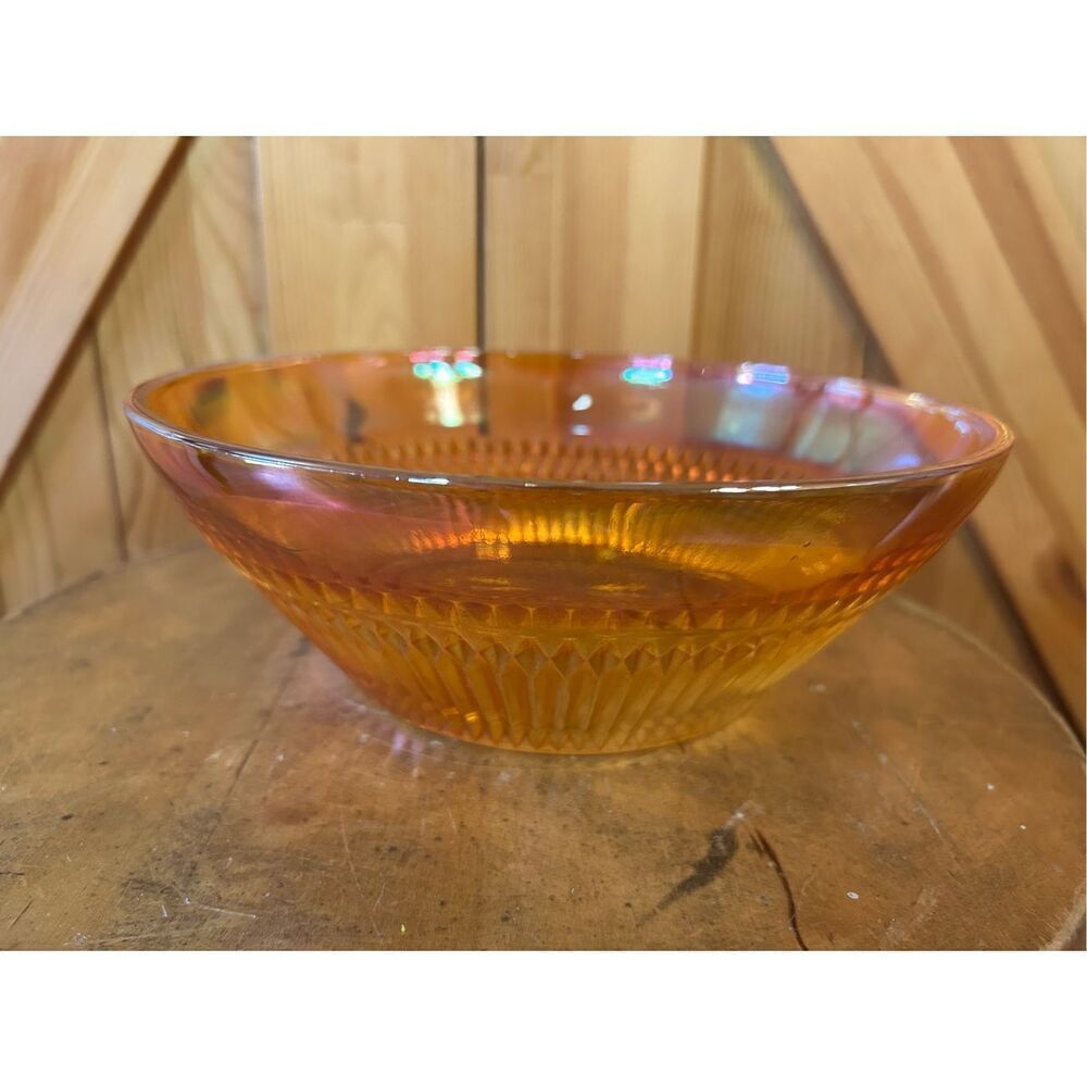 Jeanette Anniversary Serving Bowl Marigold Carnival Glass Iridescent Vintage (84